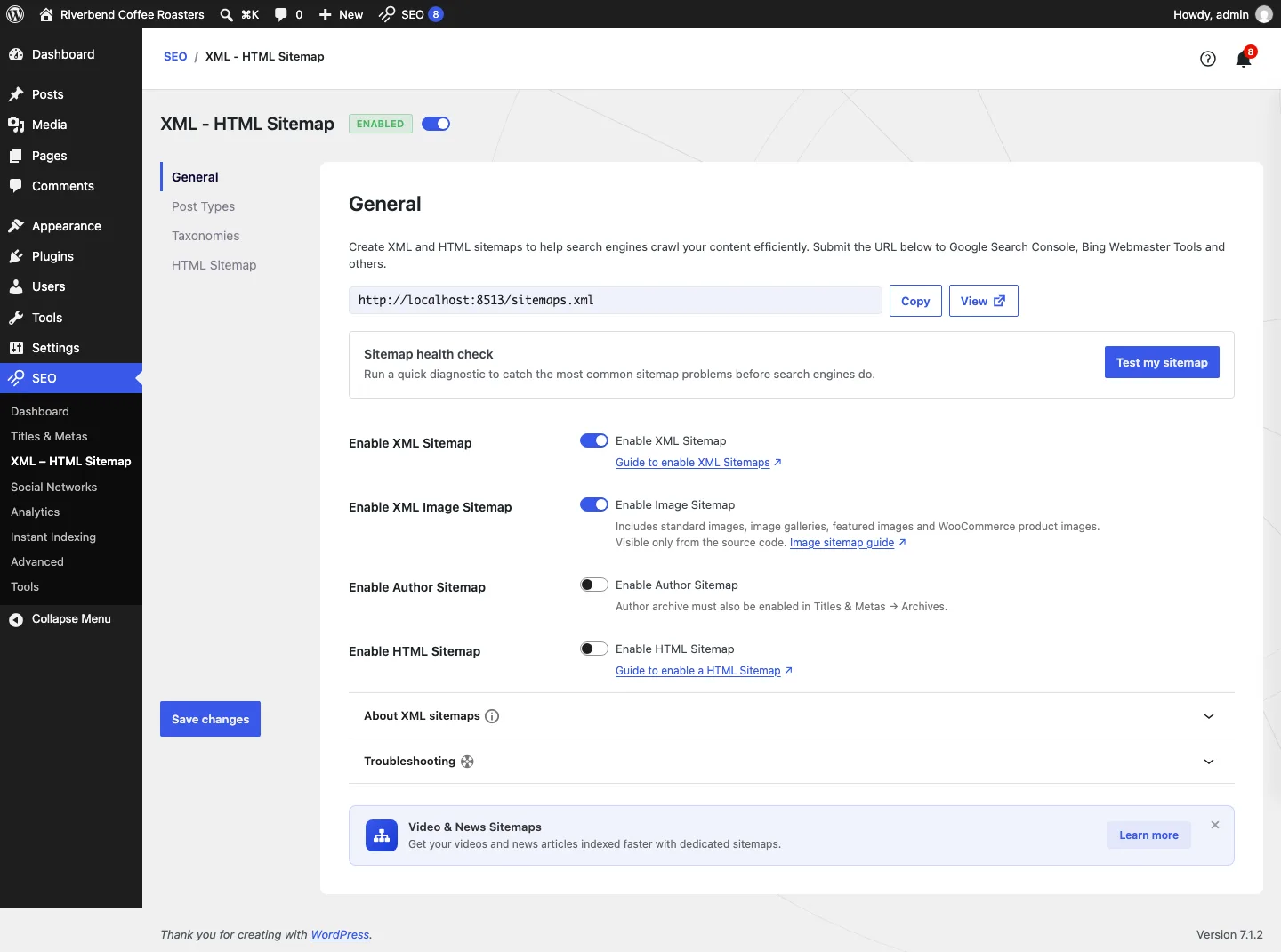 SEOPress XML sitemap settings with XML and image sitemaps switched on, a sitemap URL, a Test my sitemap button and a Video and News Sitemaps promotion