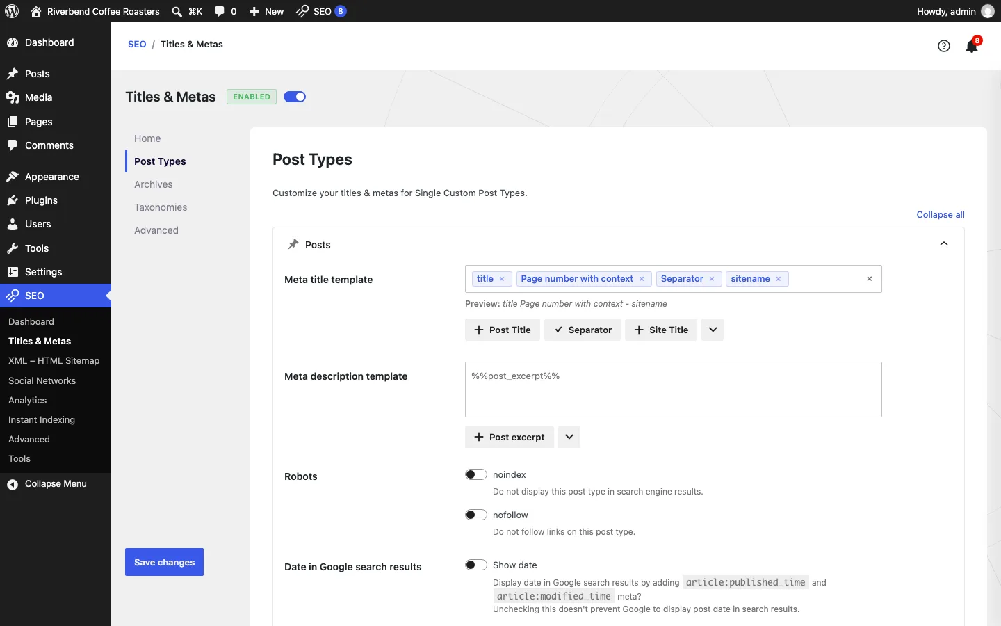 SEOPress Titles and Metas screen, Post Types tab, with a title template made of title, page number, separator and site name tags