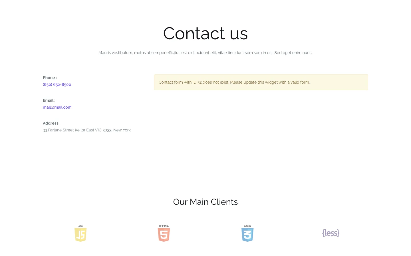 Shapely demo contact section showing phone, email and address, and a yellow notice that contact form ID 32 does not exist