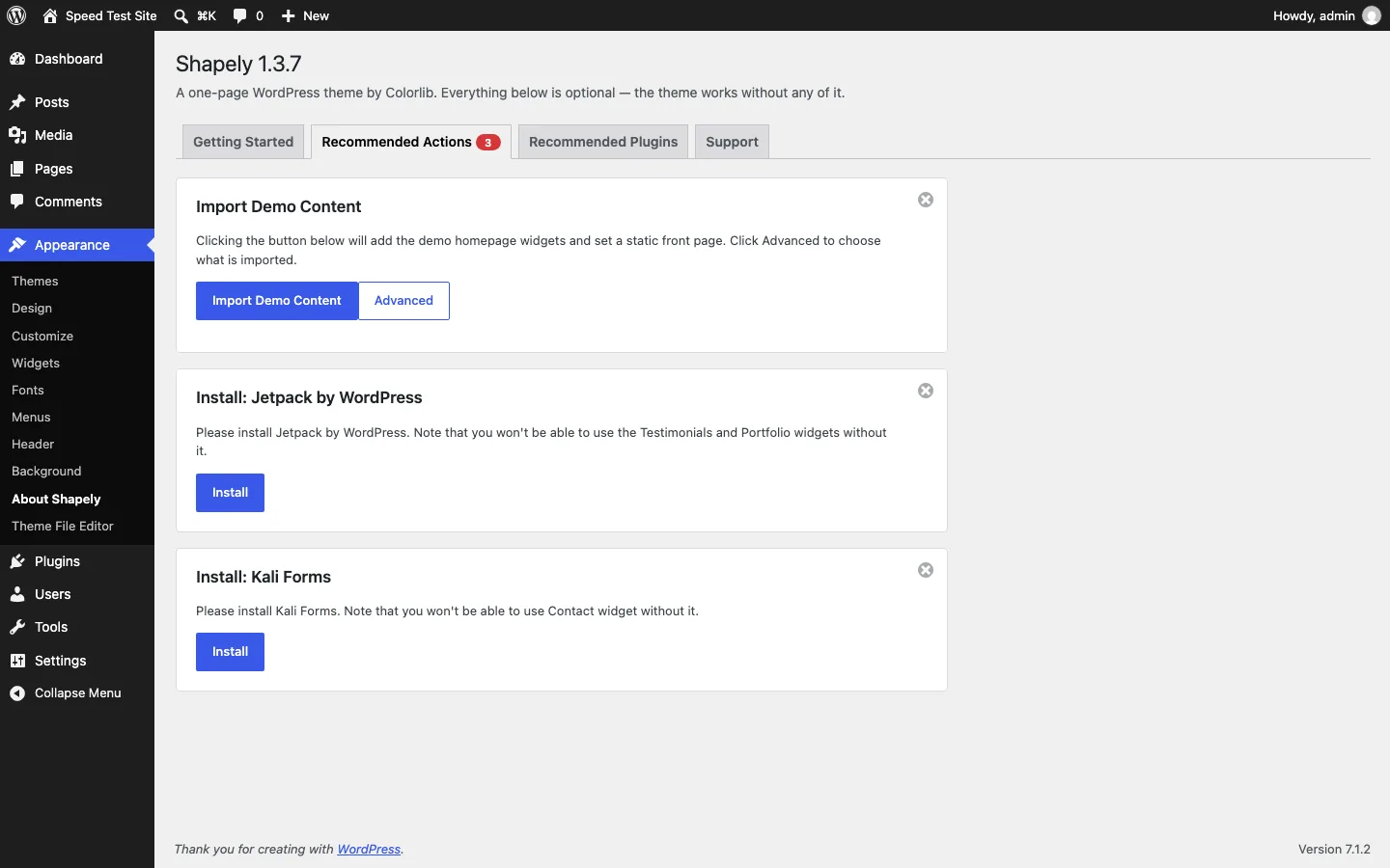 Shapely Recommended Actions tab with Import Demo Content and Advanced buttons, plus prompts to install Jetpack and Kali Forms
