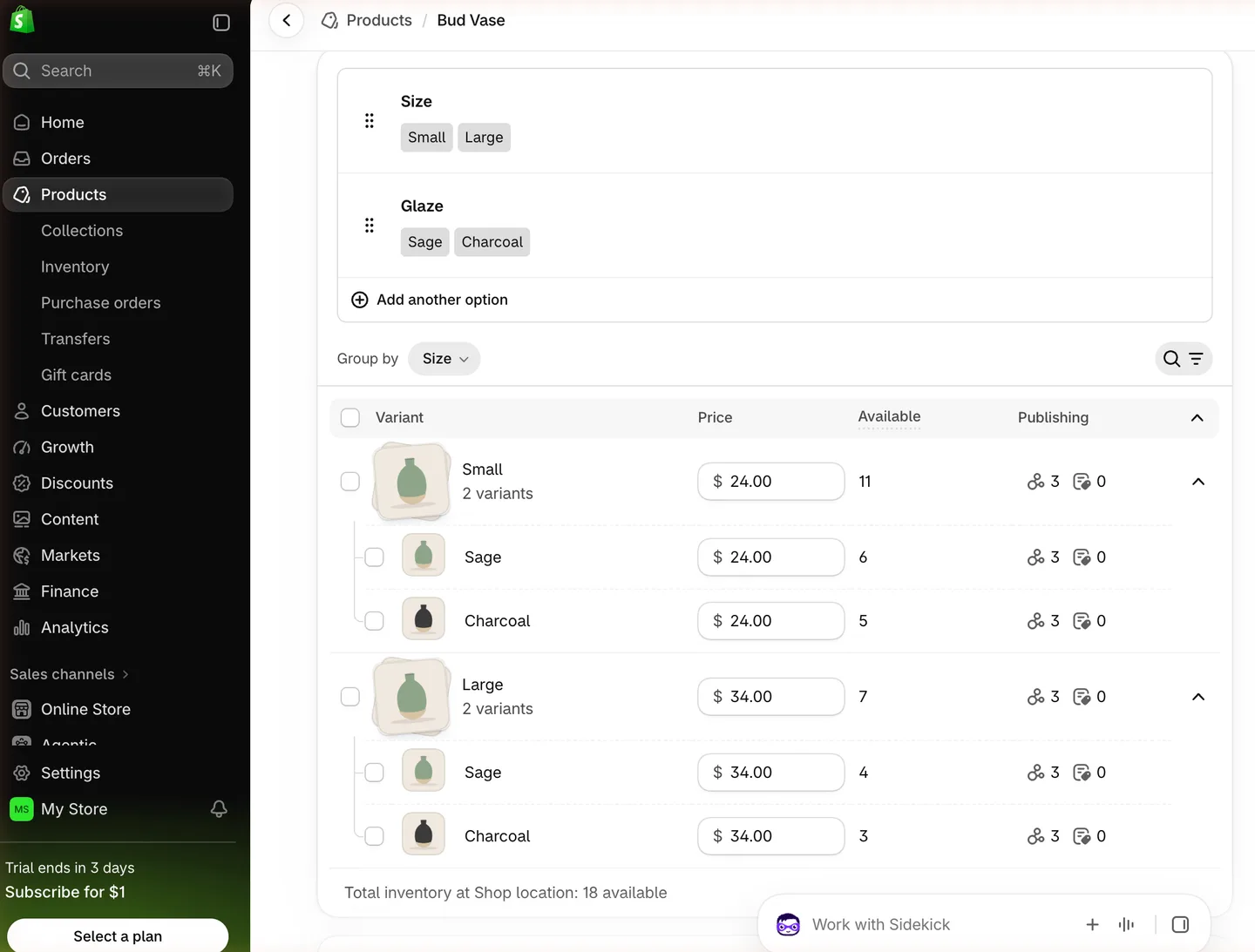 Shopify product editor showing a bud vase with Size and Glaze options and four variants grouped by size