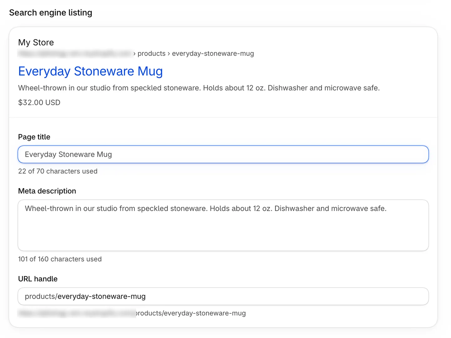 Shopify product search engine listing editor with page title, meta description and a URL handle that starts with products/