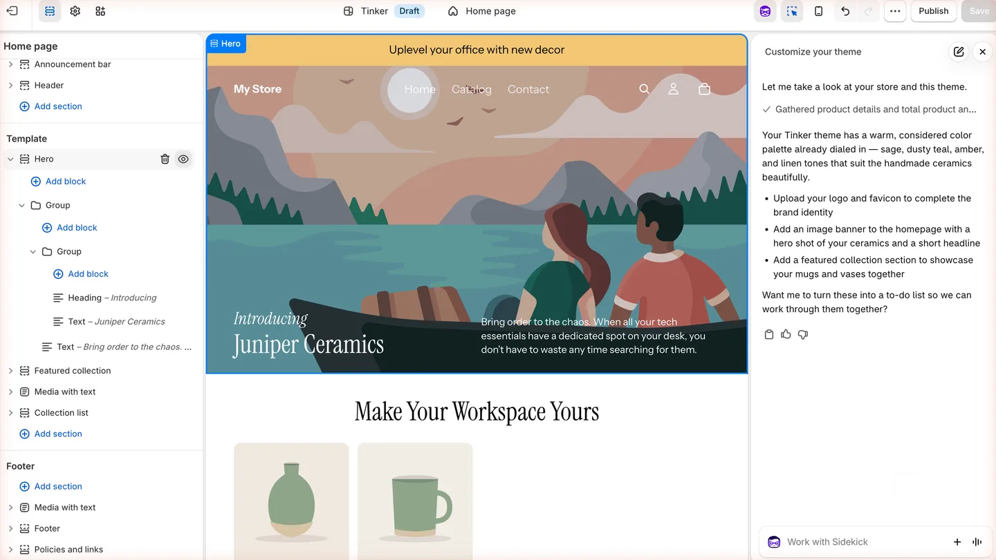 Shopify theme editor with the free Tinker theme, the test products on the home page, and Sidekick suggestions in the right panel