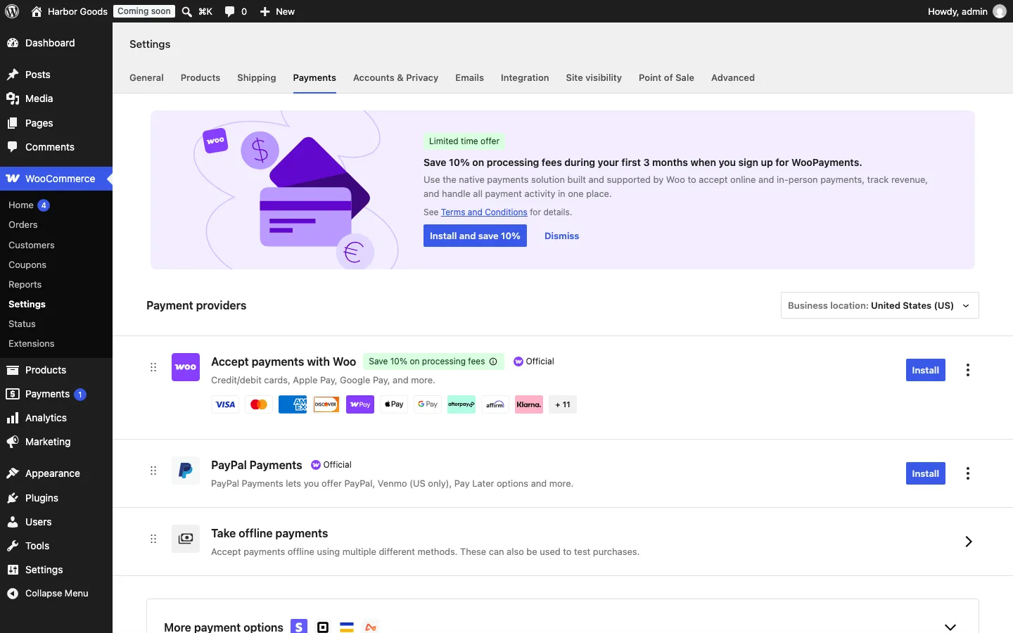 WooCommerce payments settings with a WooPayments promotion banner above the payment providers