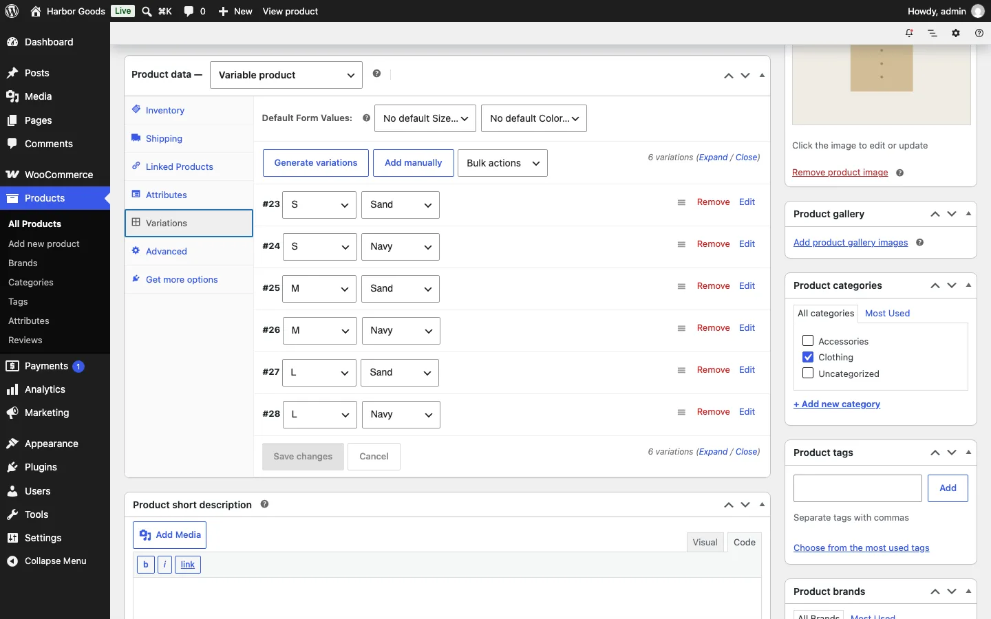 WooCommerce product editor showing six generated variations of a variable product