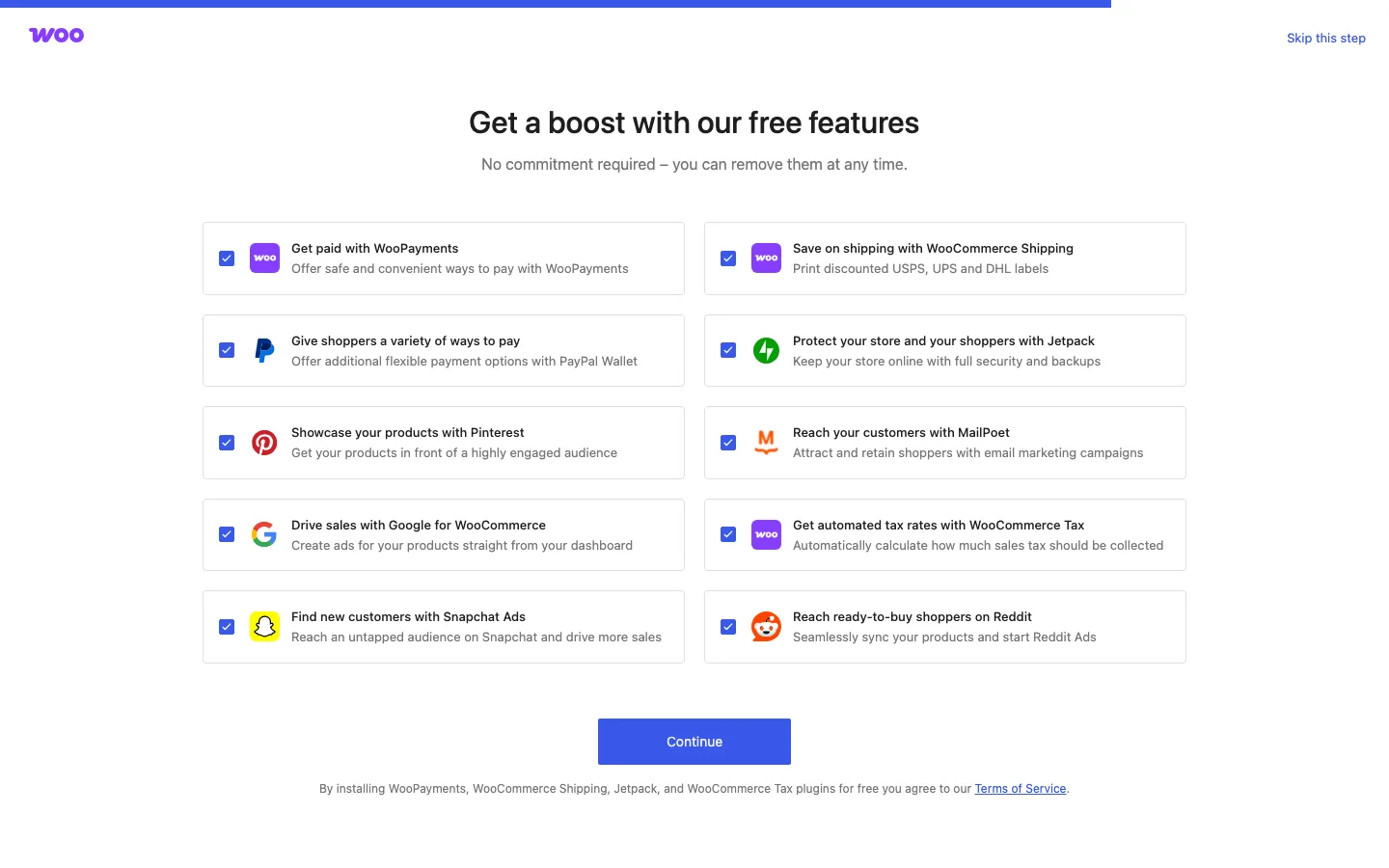 WooCommerce setup wizard screen with ten free extensions all pre-selected