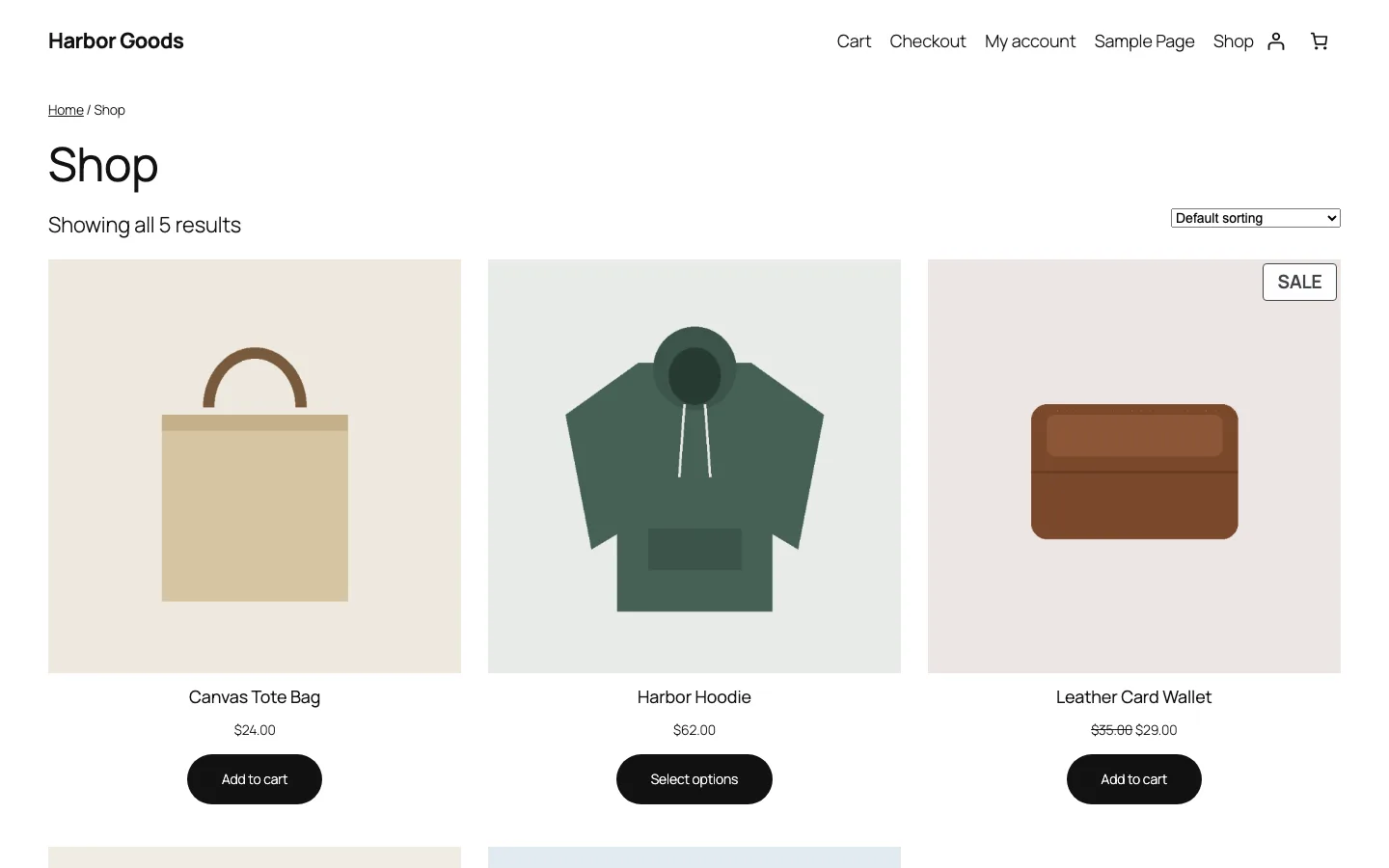 WooCommerce shop page with five products on the Twenty Twenty-Five theme