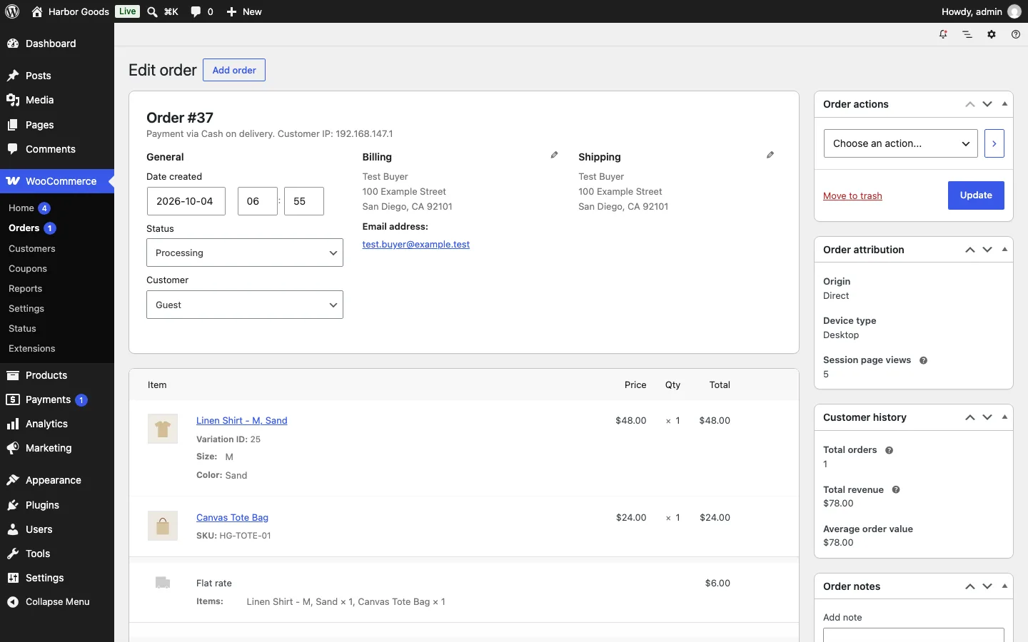 WooCommerce admin order screen for the test order