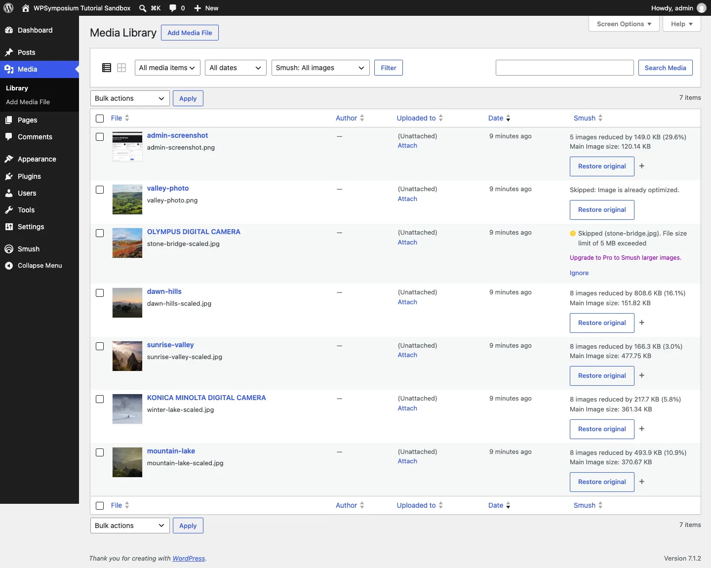 WordPress Media Library list with a Smush column showing savings per image, one PNG skipped as already optimized and one photo skipped for exceeding the 5 MB limit