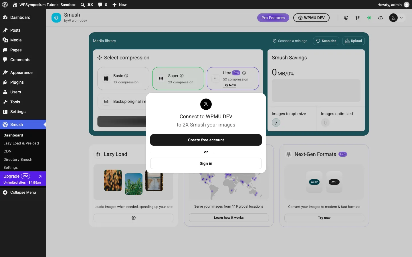 Smush pop-up reading Connect to WPMU DEV to 2X Smush your images, with Create free account and Sign in buttons