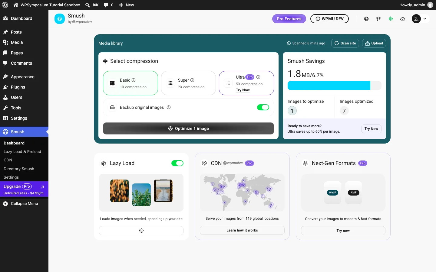 Smush dashboard after a Basic bulk run showing 1.8 MB saved, compression levels, and Pro cards for CDN and next-gen formats