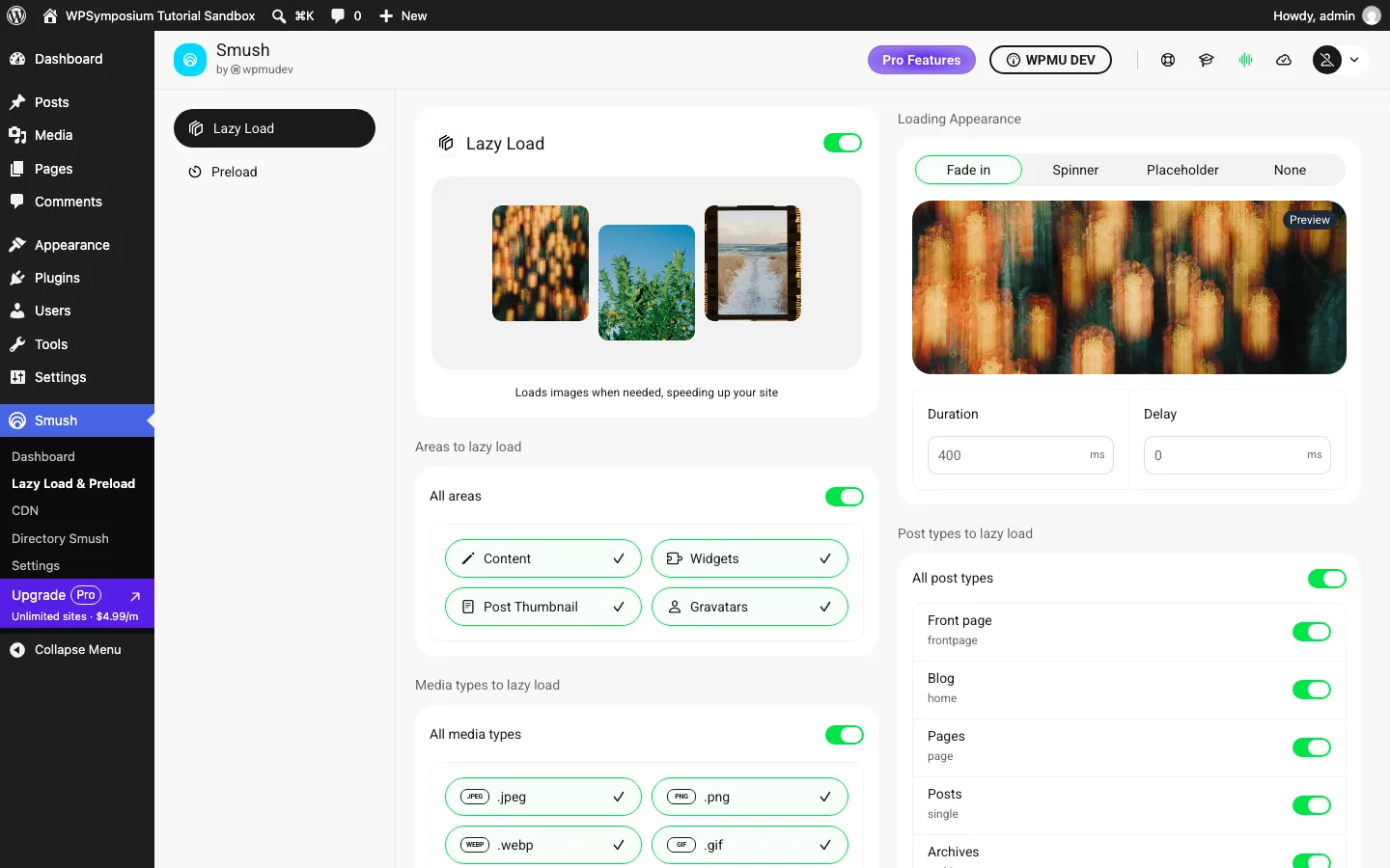 Smush Lazy Load settings with toggles for content areas, media types, post types and a Fade in loading effect