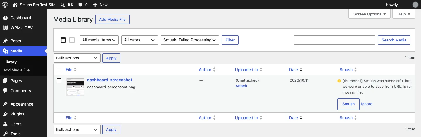 Media Library filtered to Smush: Failed Processing, listing one image with the message Smush was successful but we were unable to save from URL: Error moving file, and Smush and Ignore buttons