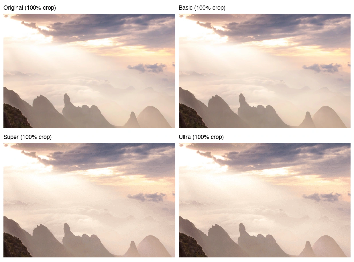 Four 100% crops of a misty mountain PNG photo, where the Super and Ultra versions show fine grain and colored specks in the mist
