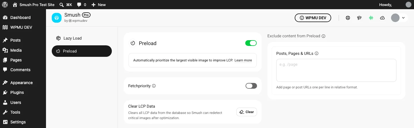 Smush Preload tab with the Preload toggle on, Fetchpriority off, a Clear LCP Data button and a box to exclude pages from Preload