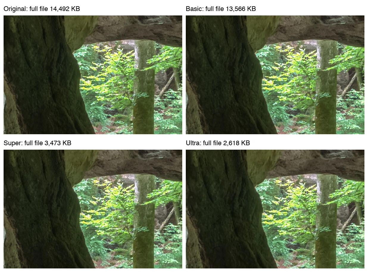 Four 100% crops of a rock arch photo with green leaves, labelled Original, Basic, Super and Ultra with full file sizes of 14,492 KB, 13,566 KB, 3,473 KB and 2,618 KB