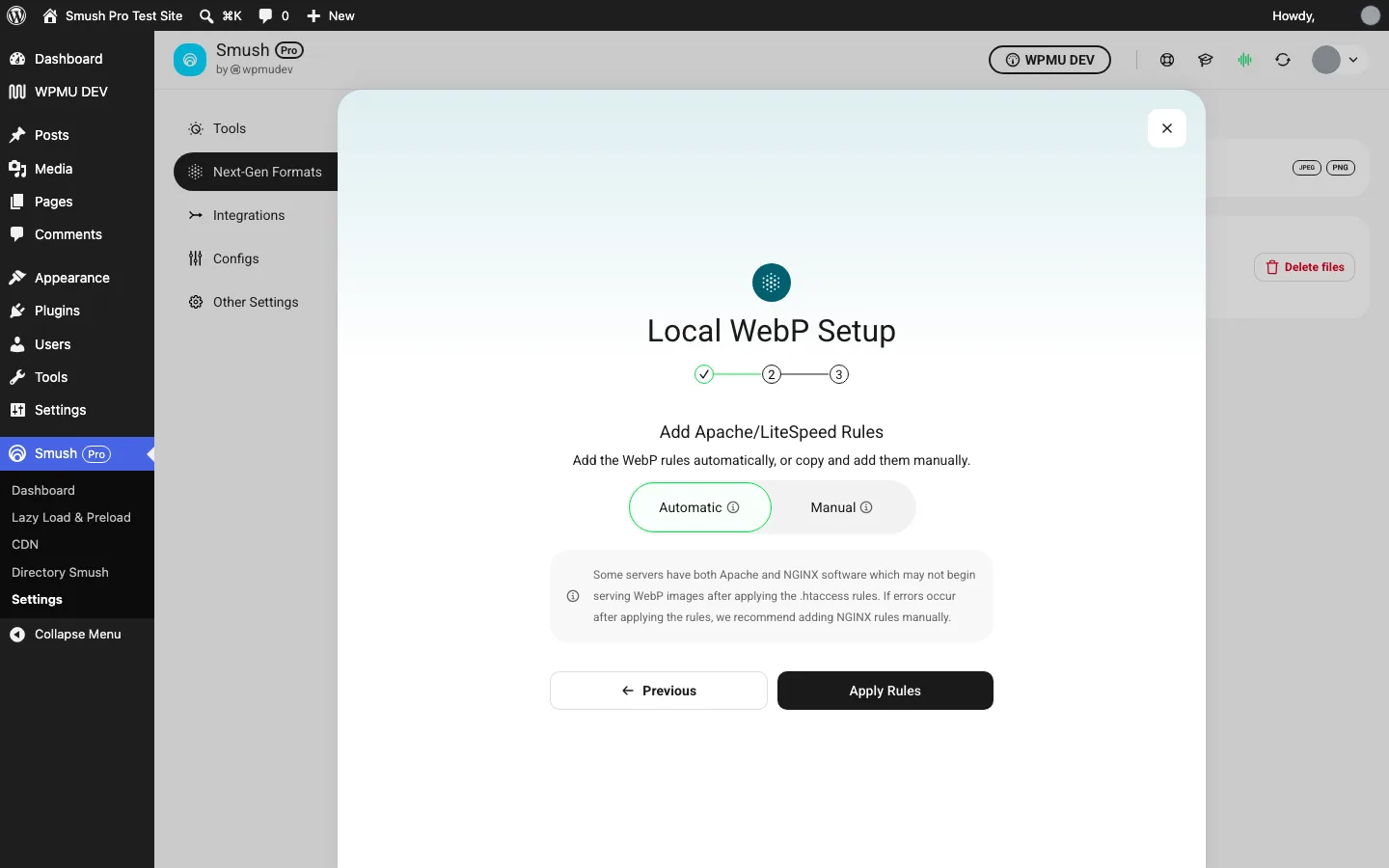 Smush Local WebP Setup wizard, step 2, Add Apache/LiteSpeed Rules with Automatic and Manual options and an Apply Rules button