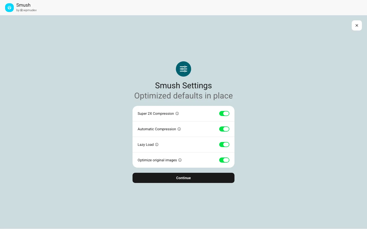 Smush setup wizard titled Optimized defaults in place, with Super 2X Compression, Automatic Compression, Lazy Load and Optimize original images all switched on