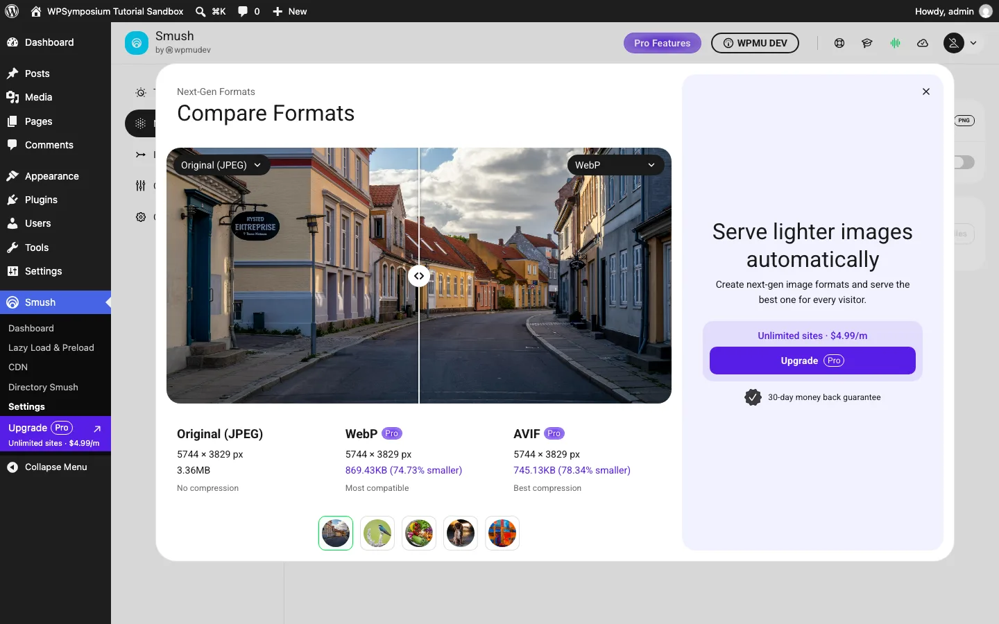 Smush Compare Formats pop-up showing a sample JPEG next to WebP and AVIF versions with sizes, and an upgrade box for unlimited sites at $4.99 per month