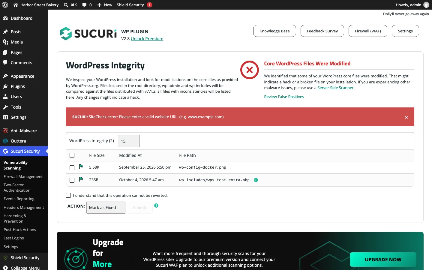 Sucuri Security WordPress Integrity panel saying core files were modified and listing wp-includes/wps-test-extra.php