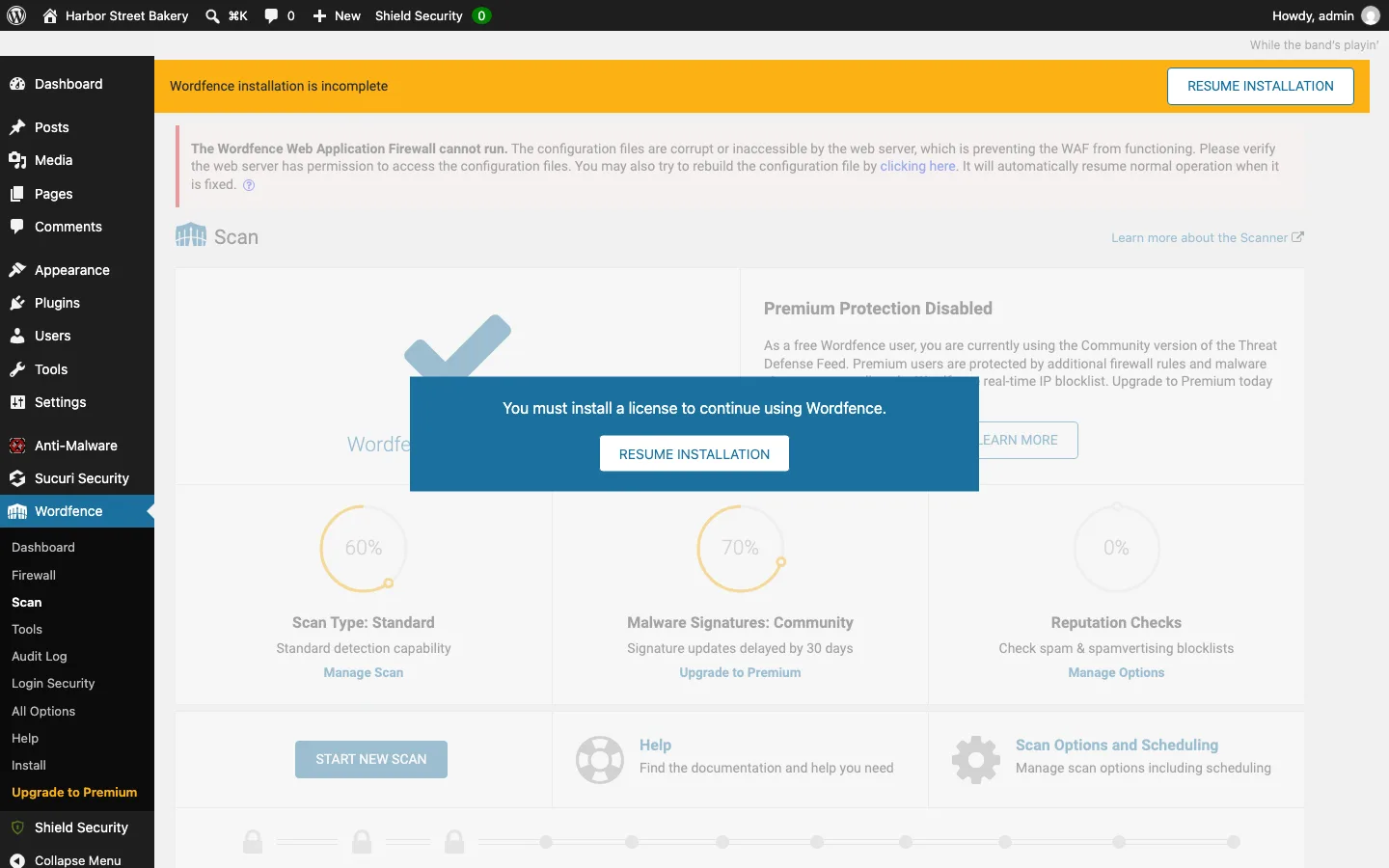 Wordfence scan page covered by a message saying you must install a license to continue using Wordfence