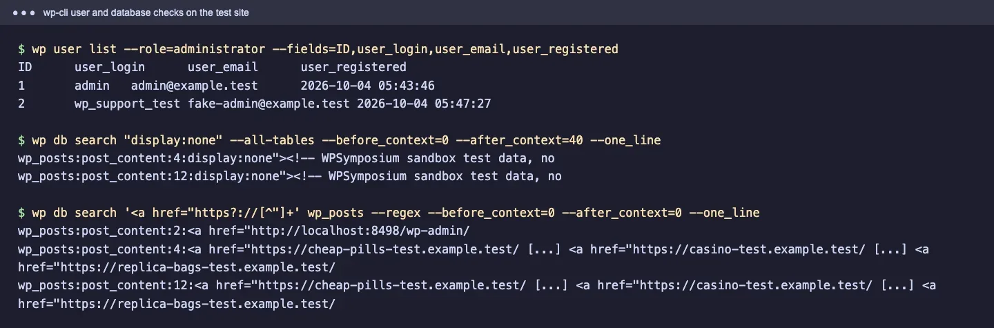 Terminal output listing two administrators including wp_support_test, and wp db search finding display:none and spam links in post 4 and revision 12