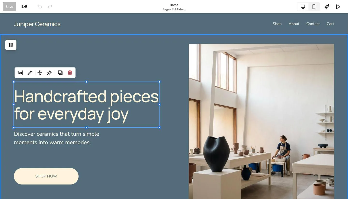 Squarespace Fluid Engine editor with the hero headline block selected and its small toolbar showing