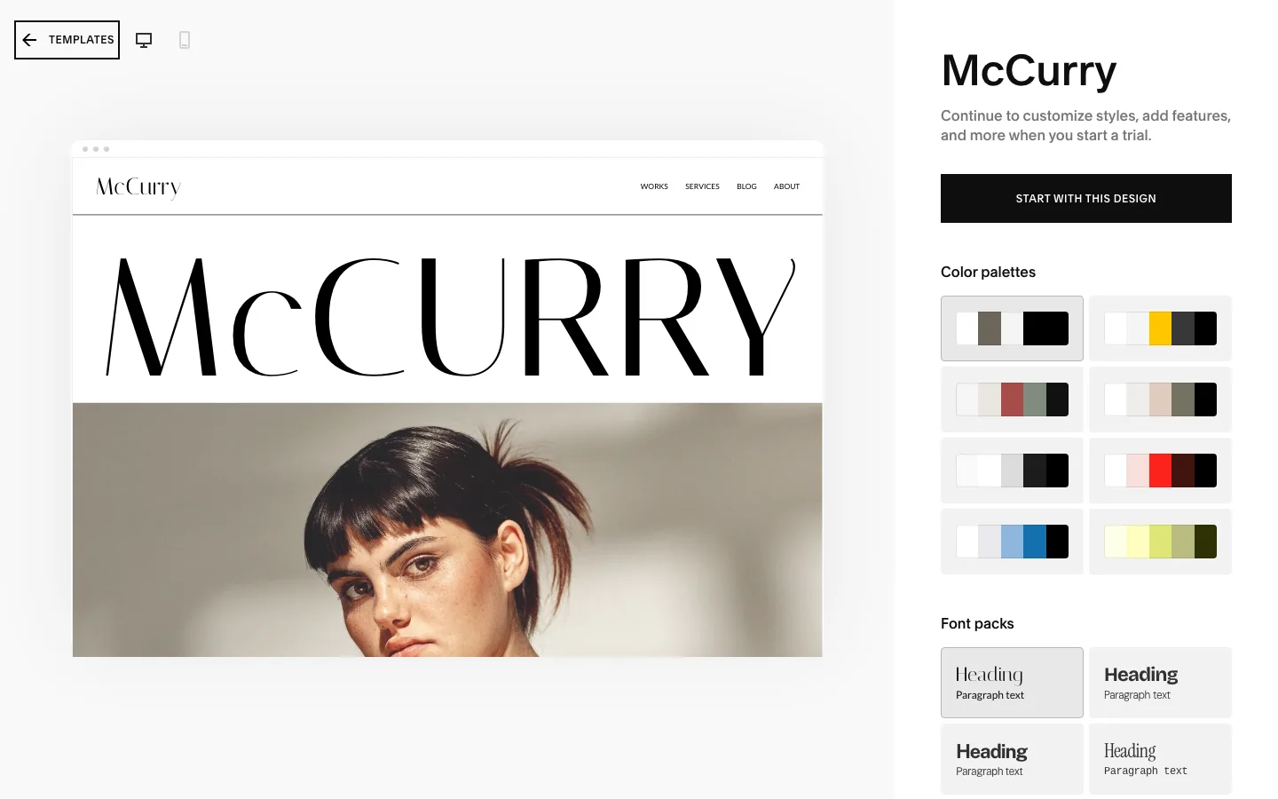 Squarespace McCurry template preview with color palette and font pack options