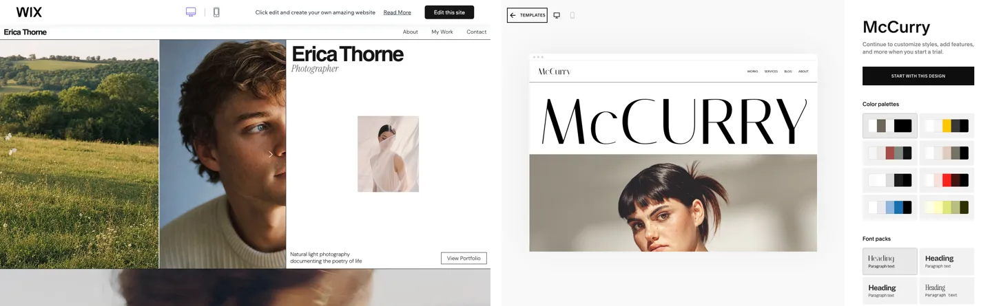Wix Photographer template demo next to the Squarespace McCurry template preview