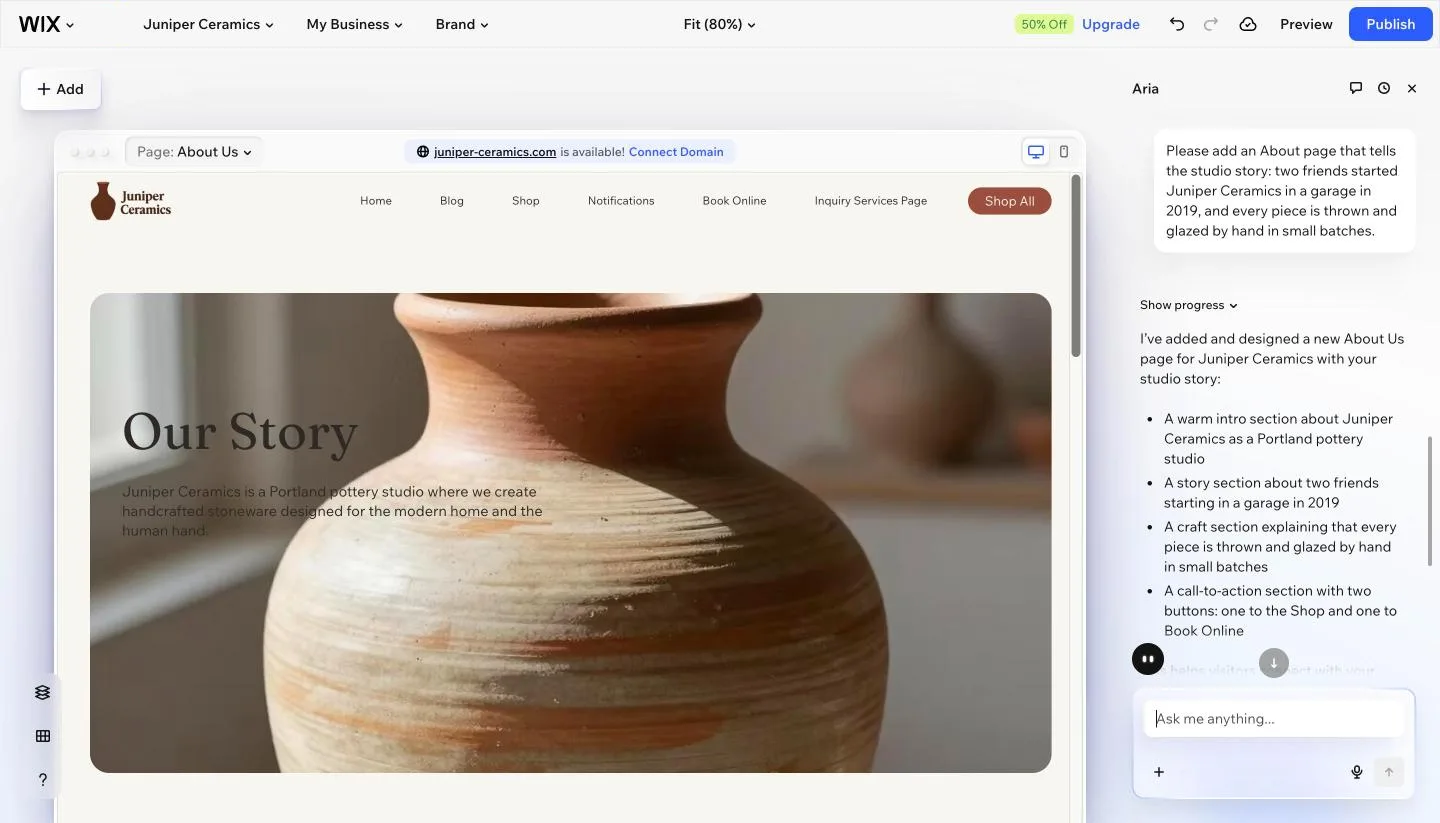 Wix Harmony editor showing an About Us page that Aria built from our request, with Aria’s summary on the right
