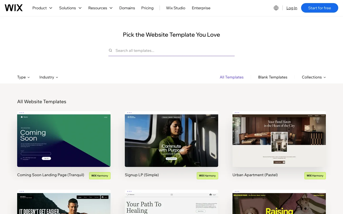 Wix template gallery with Wix Harmony templates and Type and Industry filters