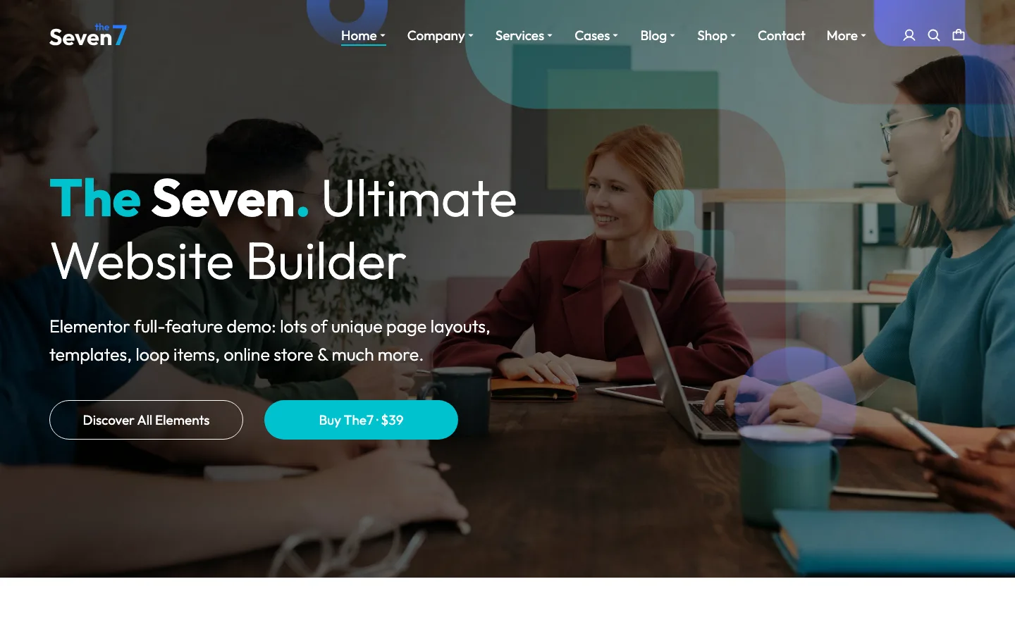 The7 Elementor 2026 demo homepage with the headline The Seven. Ultimate Website Builder