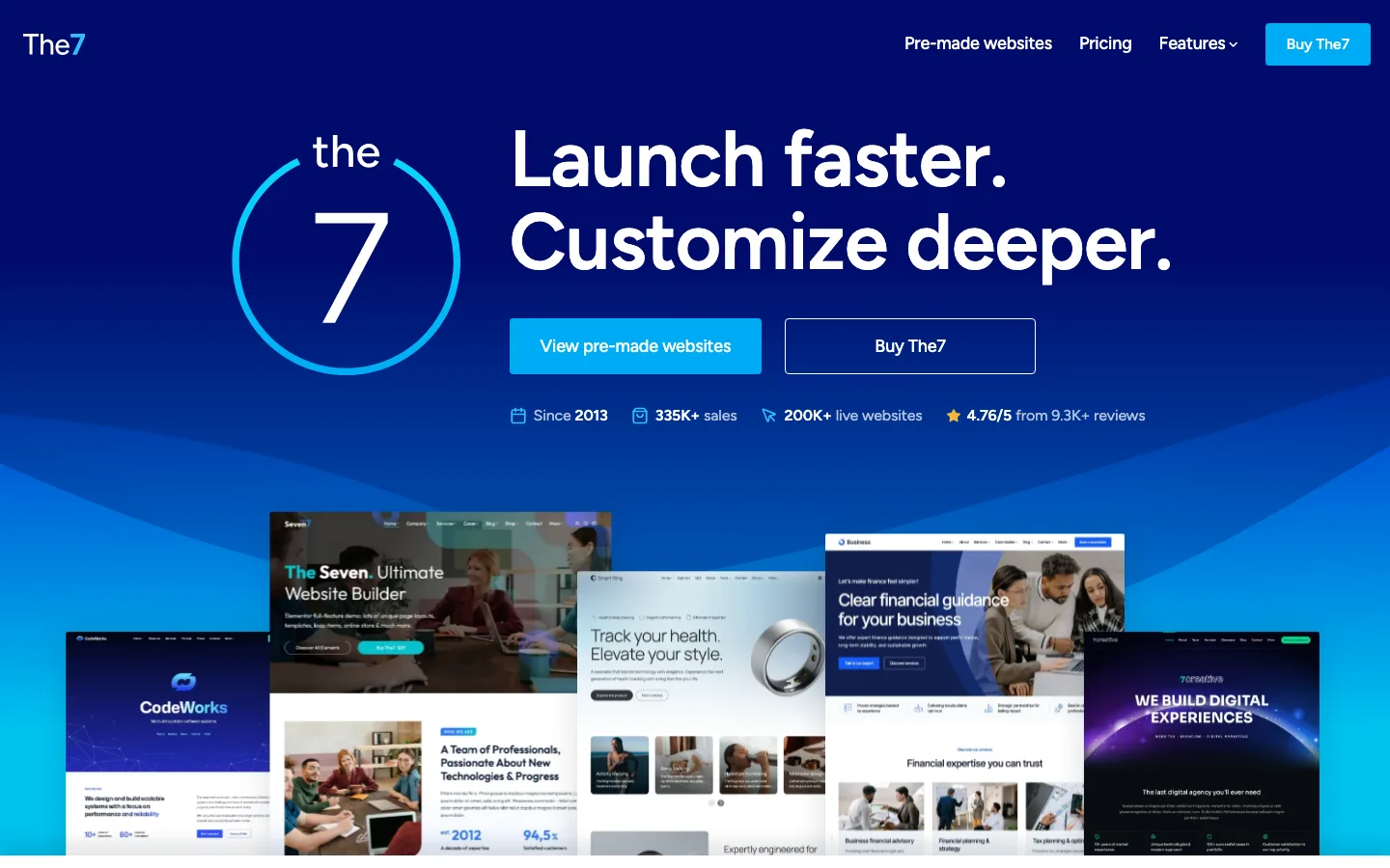 The7 theme homepage showing the tagline Launch faster, Customize deeper, with sales and review counts