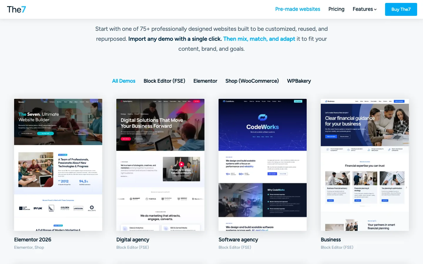 Grid of The7 pre-made websites including Elementor 2026, Digital agency, Software agency and Business, with filters for each builder