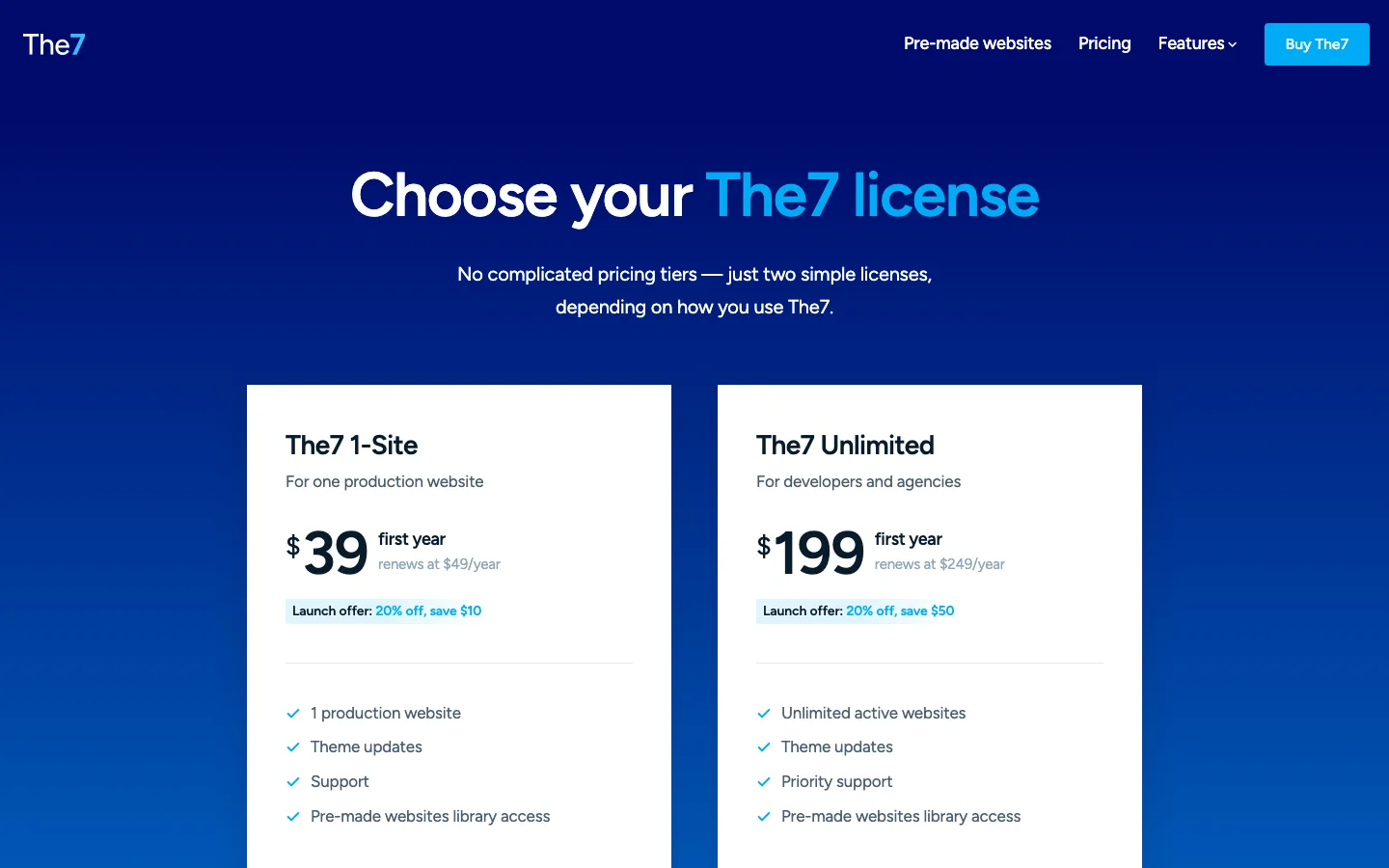 The7 pricing page showing the 1-Site plan at $39 first year and the Unlimited plan at $199 first year