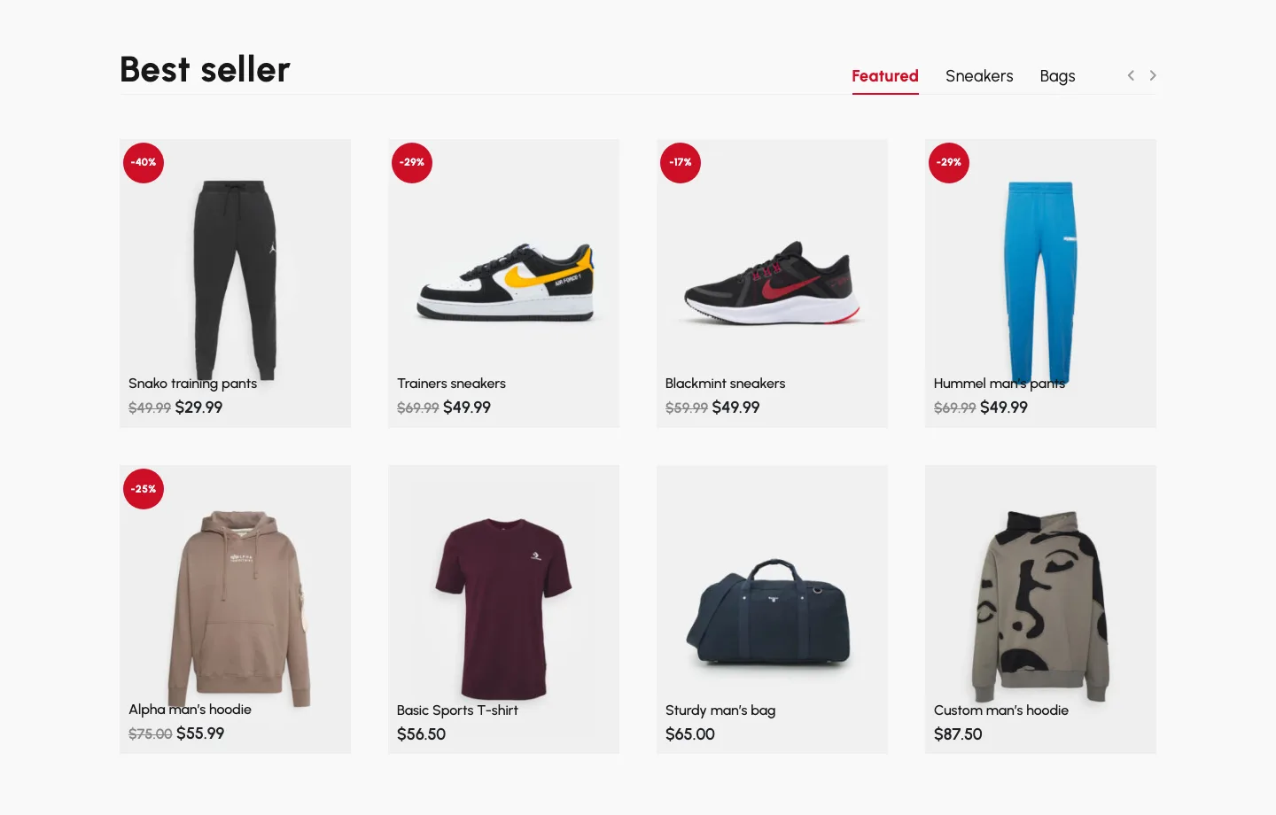 TheGem Creative Fashion Shop demo showing a best seller product grid with sale badges and category tabs