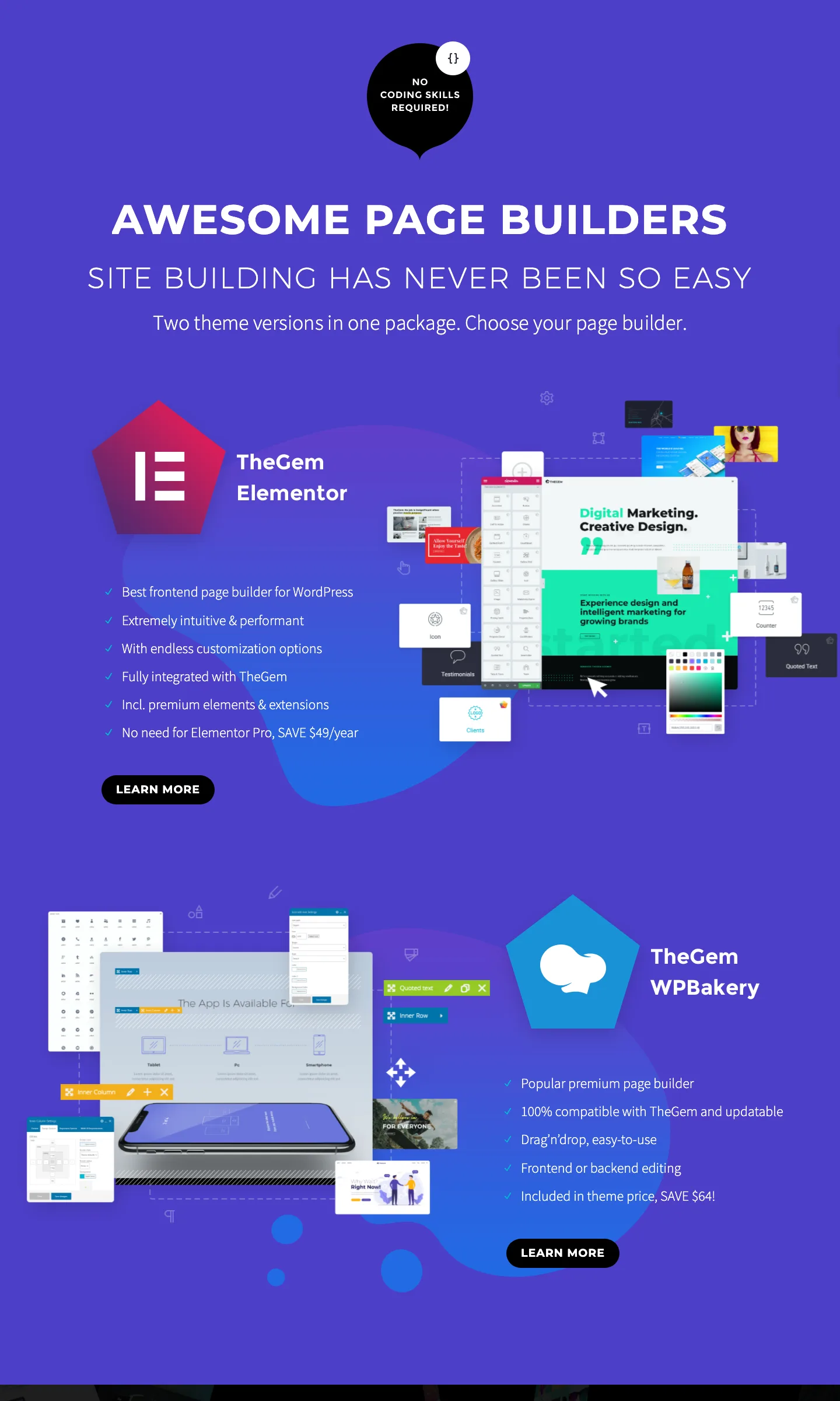TheGem page builders page showing TheGem Elementor and TheGem WPBakery as two theme versions in one package