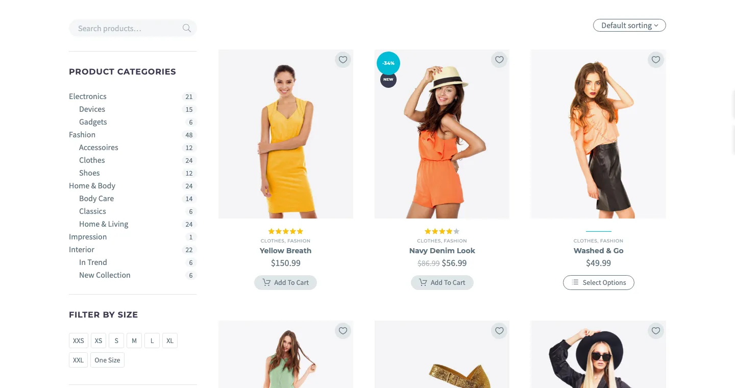 TheGem shop demo with product categories, size and color filters in the sidebar and a three-column product grid