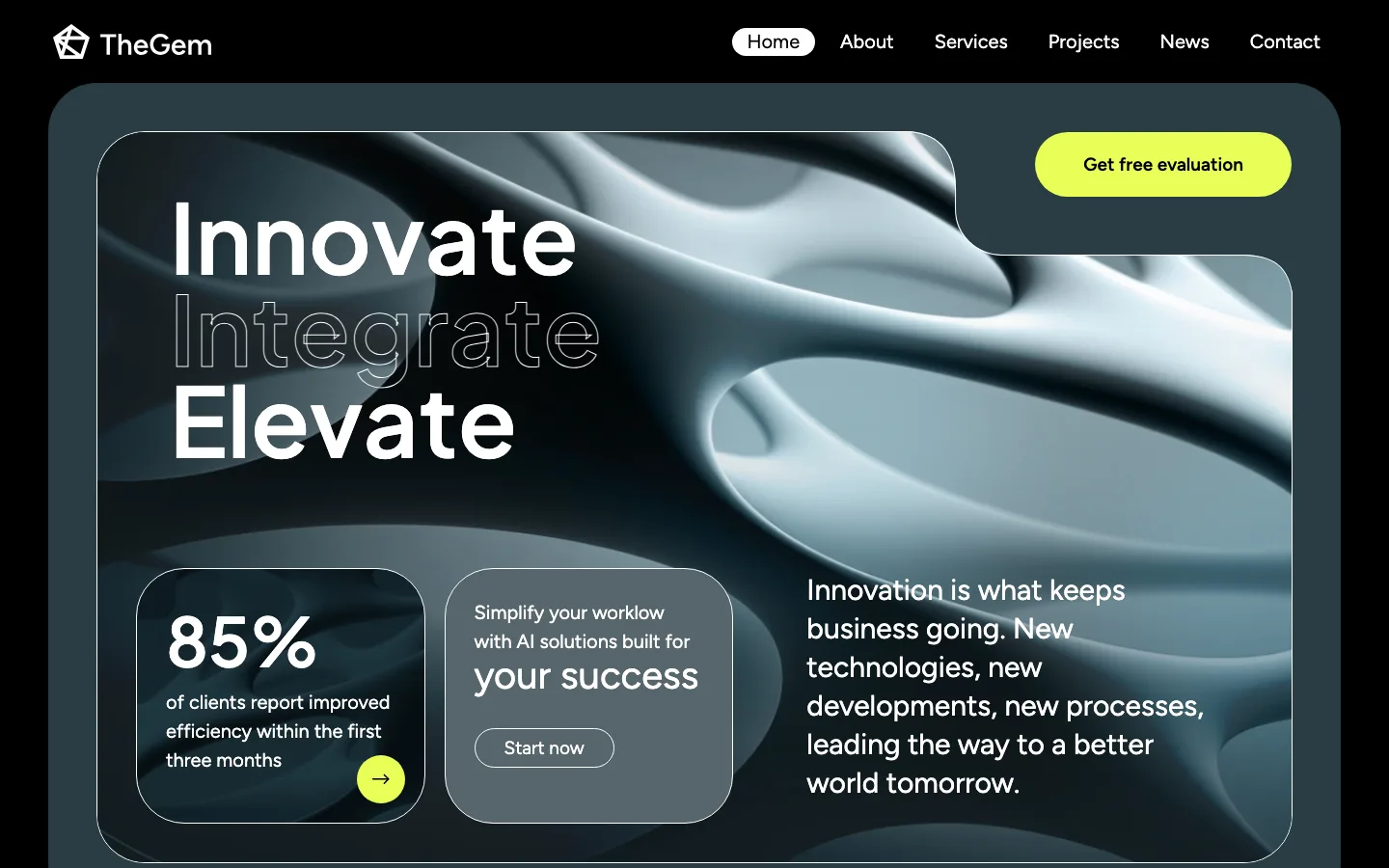 TheGem Tech Startup Business demo homepage with a dark hero section and the heading Innovate, Integrate, Elevate