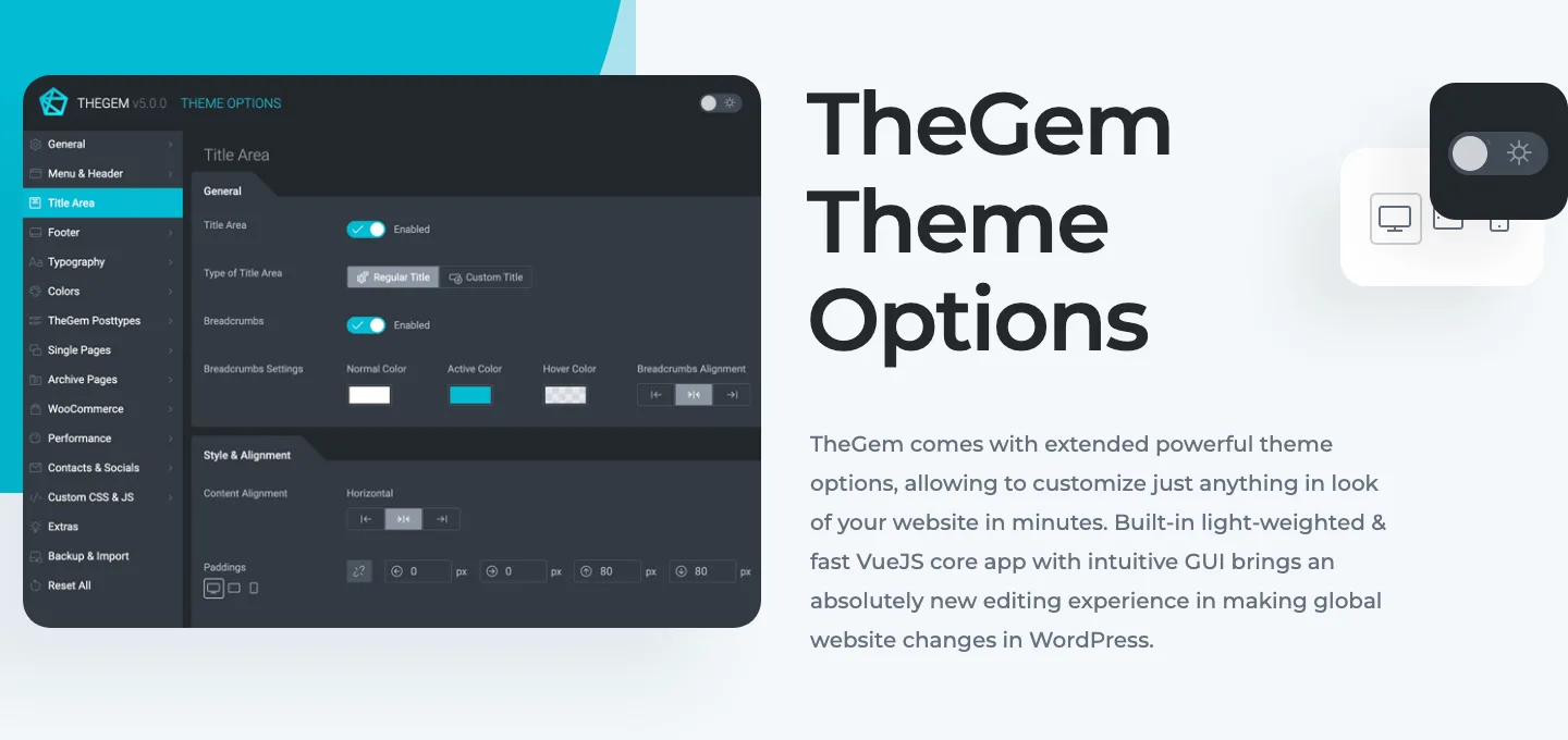 TheGem Theme Options panel with the Title Area settings open and a sidebar menu of option groups