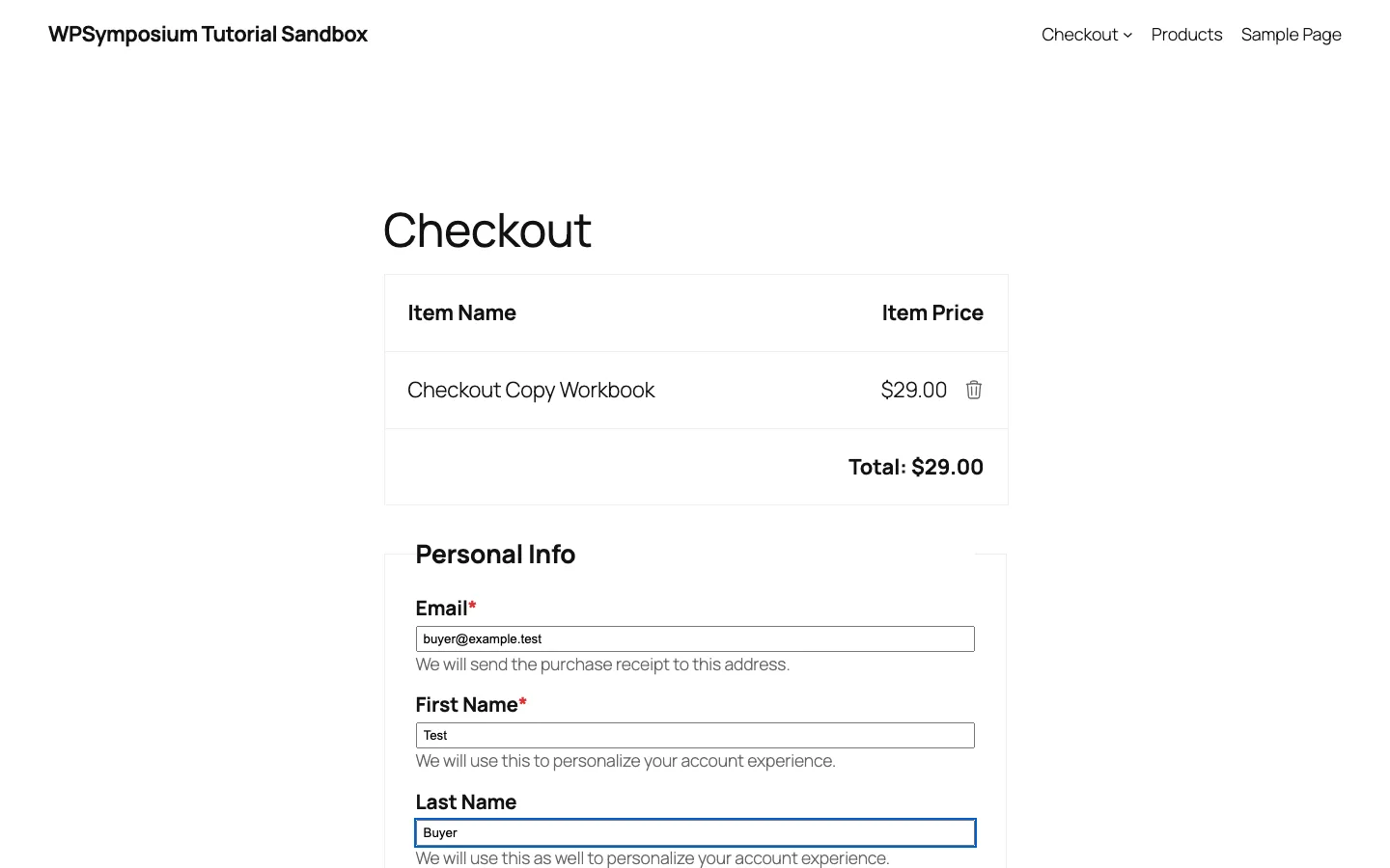 Easy Digital Downloads checkout page on a test site with one $29 product, total, and email, first name and last name fields