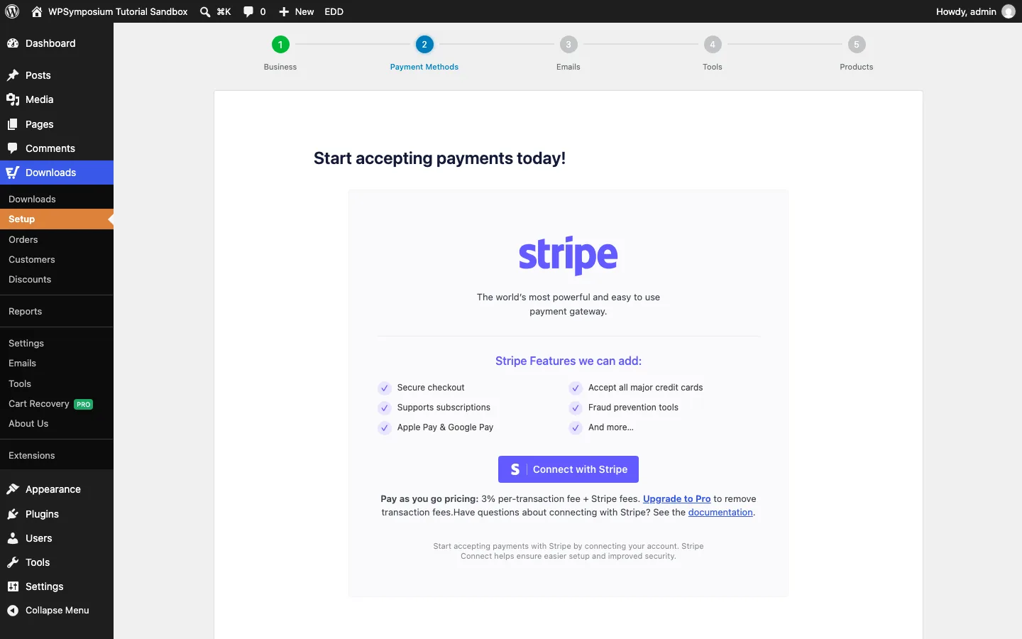 Easy Digital Downloads setup wizard on the Payment Methods step, showing Connect with Stripe and the 3% per-transaction fee note