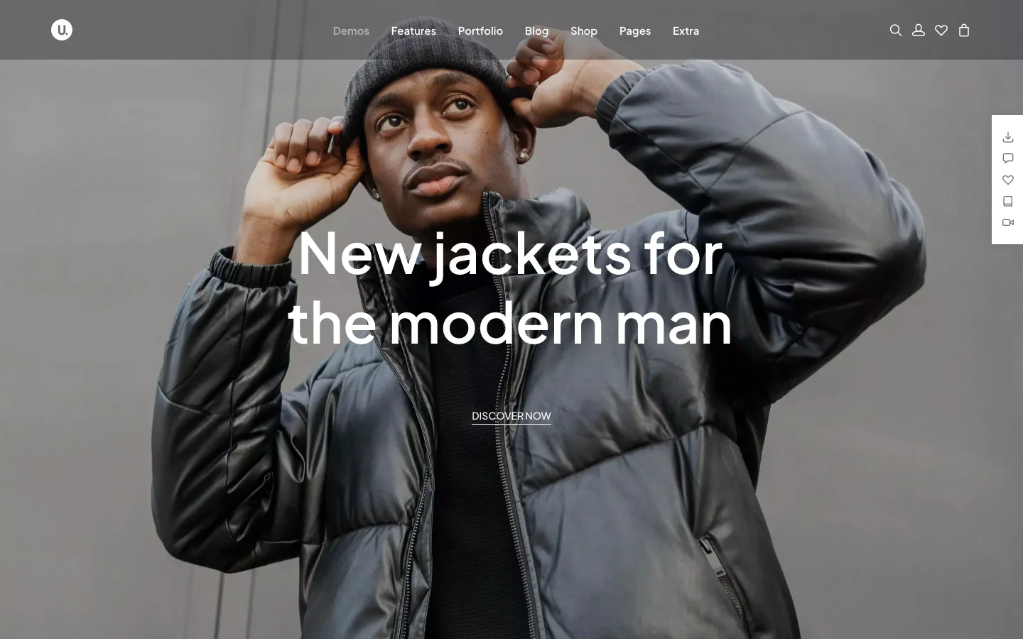 Uncode Shop Classic demo homepage with search, account, wishlist and cart icons in the header