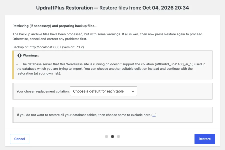 UpdraftPlus restore warning that the database server does not support the collation utf8mb3_uca1400_ai_ci, with a replacement collation menu set to “Choose a default for each table”