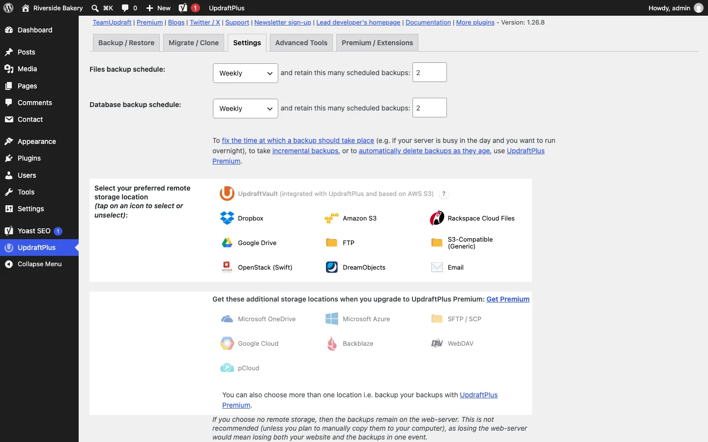UpdraftPlus Settings tab with Weekly schedules and the free remote storage choices (Dropbox, Amazon S3, Rackspace Cloud Files, Google Drive, FTP, S3-Compatible, OpenStack, DreamObjects, Email), and greyed-out Premium choices (Microsoft OneDrive, Microsoft Azure, SFTP/SCP, Google Cloud, Backblaze, WebDAV, pCloud)