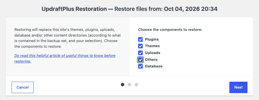 UpdraftPlus restore screen “Choose the components to restore” with Plugins, Themes, Uploads, Others and Database all ticked