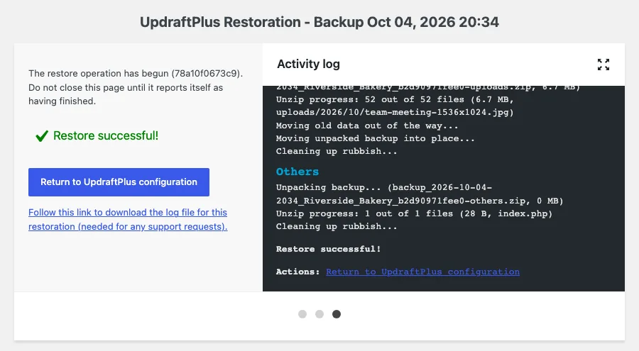 UpdraftPlus Restoration page showing “Restore successful!” with the activity log listing the Uploads and Others archives being unpacked
