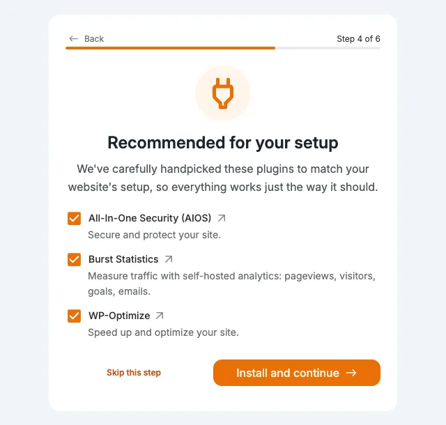 UpdraftPlus setup wizard step 4 of 6, “Recommended for your setup”, with All-In-One Security, Burst Statistics and WP-Optimize ticked and an “Install and continue” button