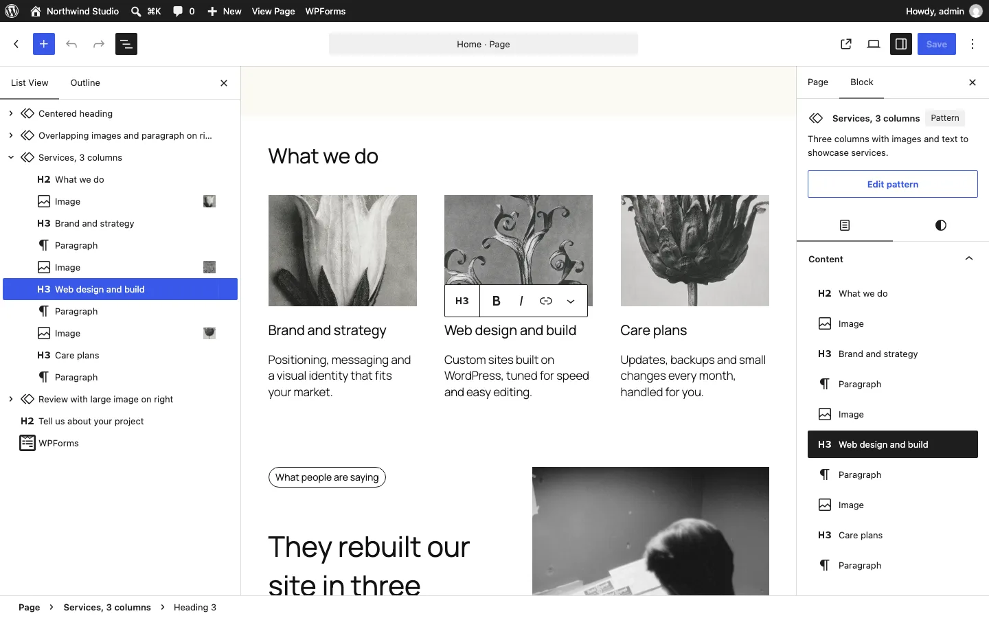 WordPress block editor with List View open on the left showing the page sections, and the Services pattern selected with an Edit pattern button in the sidebar