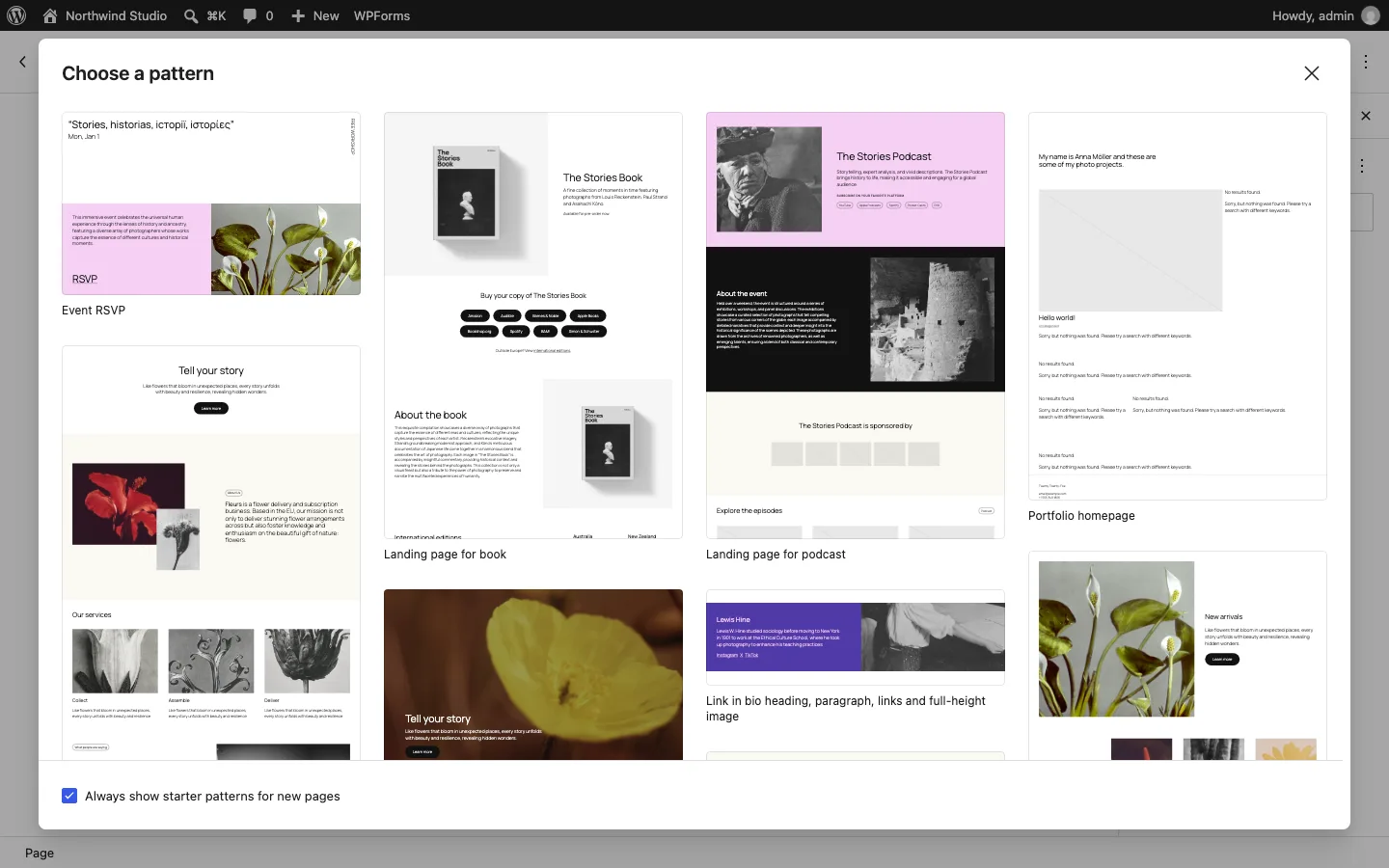 The WordPress Choose a pattern window offering full-page starter layouts such as Business homepage, Event RSVP and Landing page for book